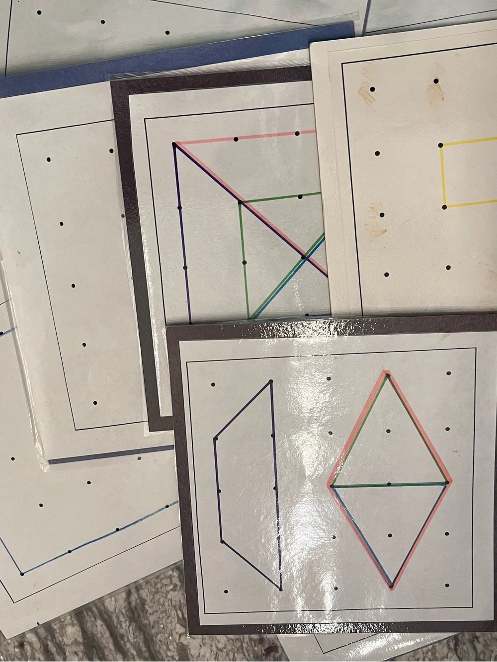 Geoboard Set with Rubber Bands and homemade Pattern Cards set 6 homeschool math